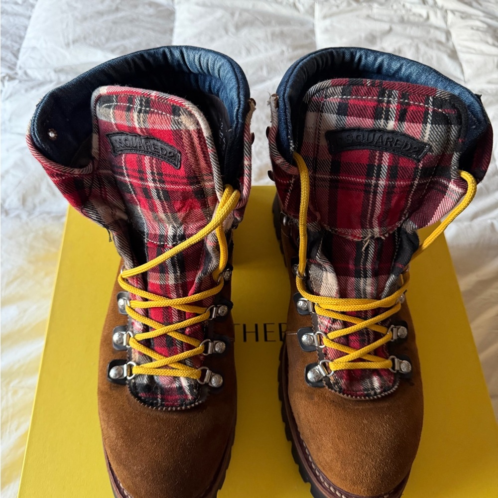 DSQUARED2 Brown Suede Boots with Red Plaid & Yellow Laces